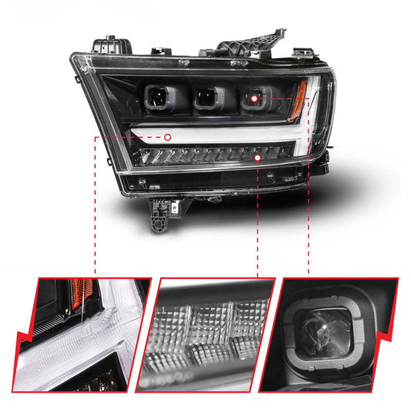 ANZO 19-24 RAM 1500 (New Body/OE Halogen) Full LED Proj Headlights DRL/SeqSig Black - Driver Side 111628A-L