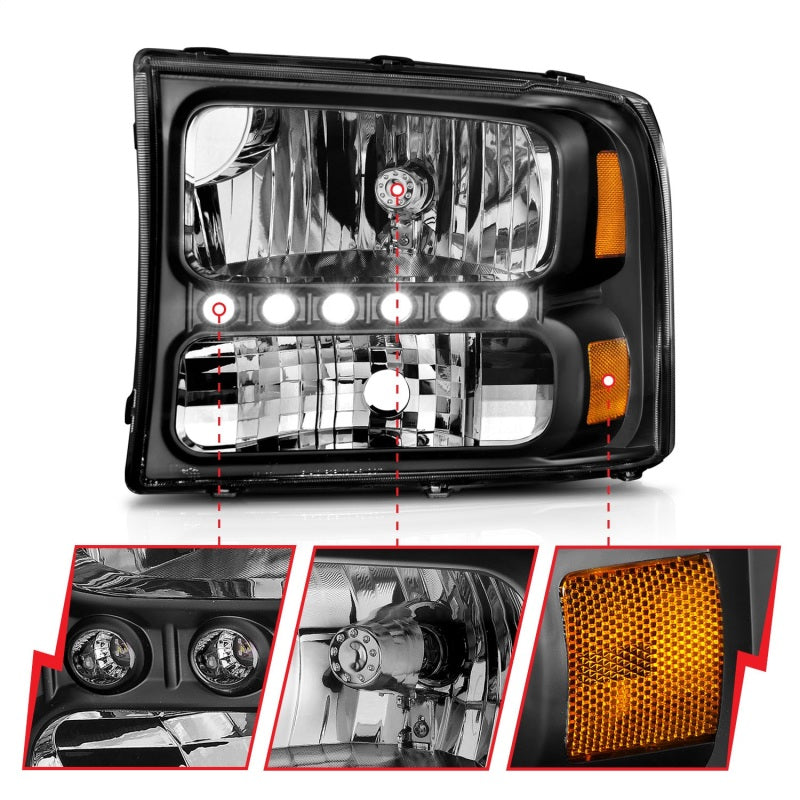 Anzo 2000-2004 Ford Excursion Crystal Headlights Black w/ LED 1pc