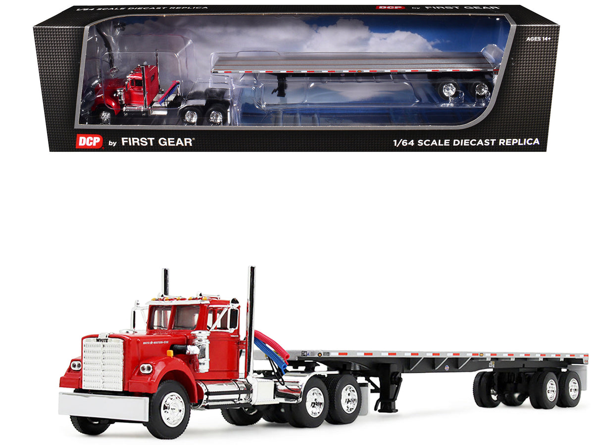 Rapid Vehicles White Western Star 4900 Day Cab with 48’ Utility Flatbed Trailer Viper Red 1/64...