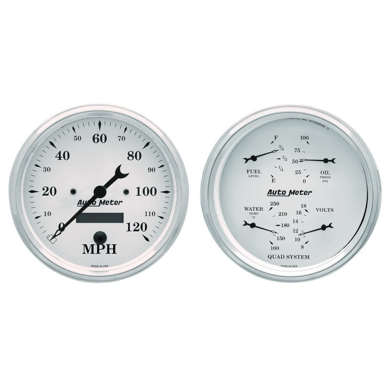 FR SPORT AutoMeter Gauge Kit 2 Pc. Quad & Speedometer 5in. Old Tyme White 1603