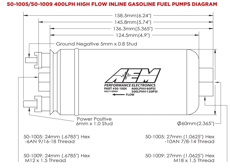 797 Performance, LLC AEM 400LPH High Pressure Inline Fuel Pump - M18x1.5 Female Inlet to M12x1.5...