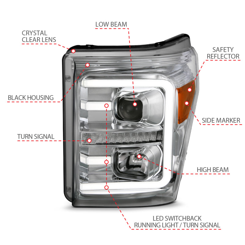FR SPORT ANZO 11-16 Ford F-250/F-350/F-450 Projector Headlights w/ Plank Style Switchback Chrome...