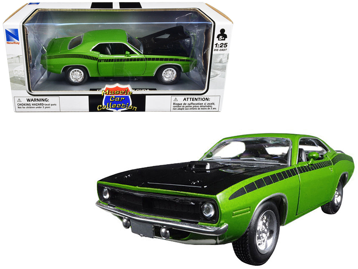 Rapid Vehicles 1970 Plymouth Barracuda Green with Black Hood and Stripes "Muscle Car Collection"...