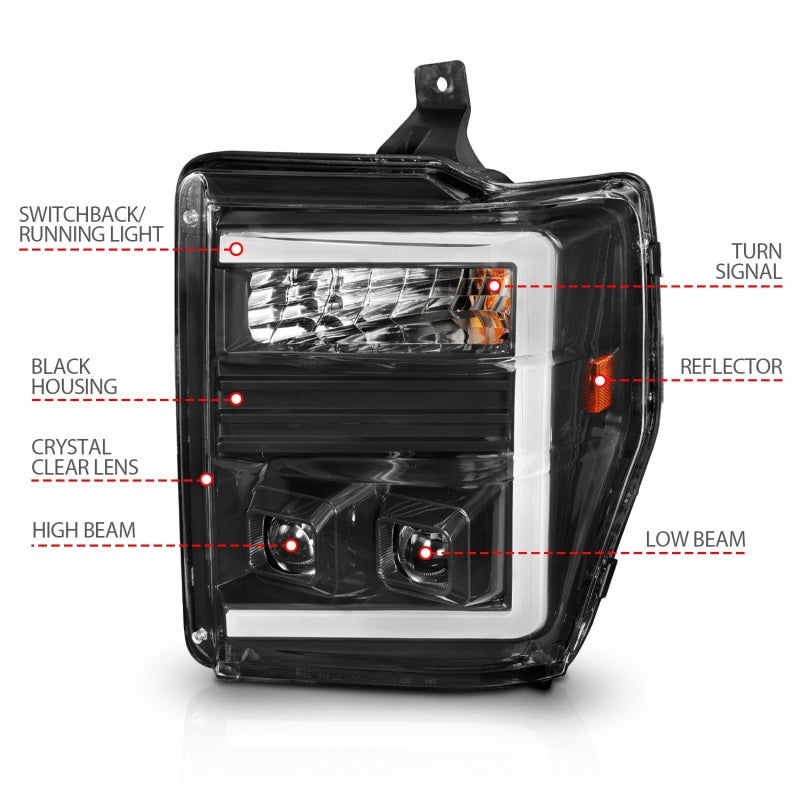 ANZO 08-10 Ford F-250 - F-550 Super Duty Projector Headlights w/ Light Bar Switchback Black Housing 111586