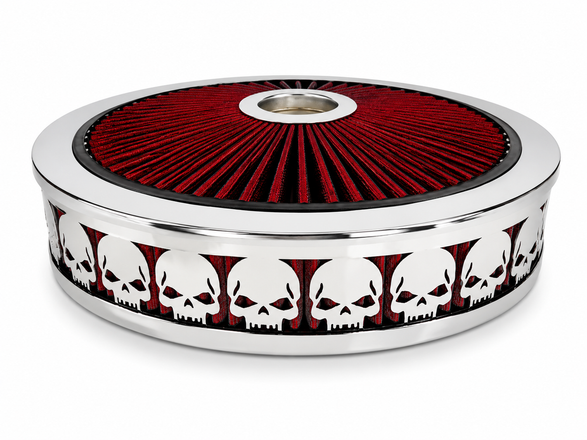 Granatelli Blingz Beauty Bandz Red and Chrome Air Filter Assembly, Skullz – 750040
