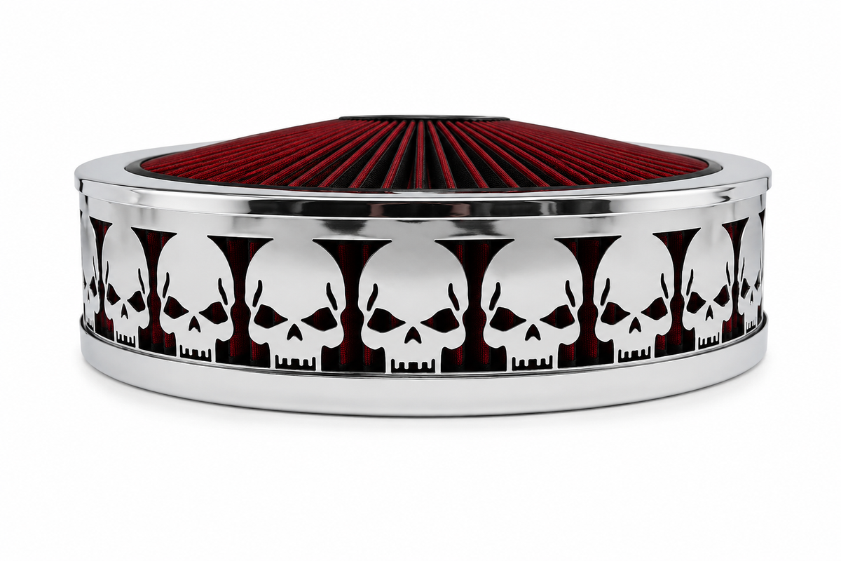 Granatelli Blingz Beauty Bandz Red and Chrome Air Filter Assembly, Skullz – 750040