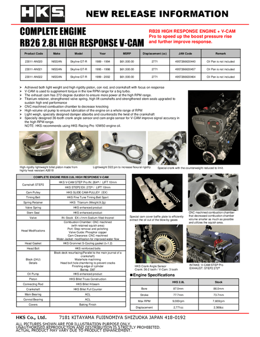 FR SPORT HKS COMPLETE ENGINE RB26 2.8L HR V-CAM - Nissan GTR R34 23011-AN022