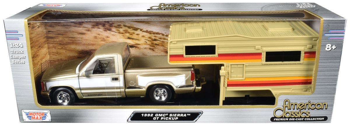 Rapid Vehicles 1992 GMC Sierra GT Pickup Truck Gold Metallic with White Sides with Camper Shell...
