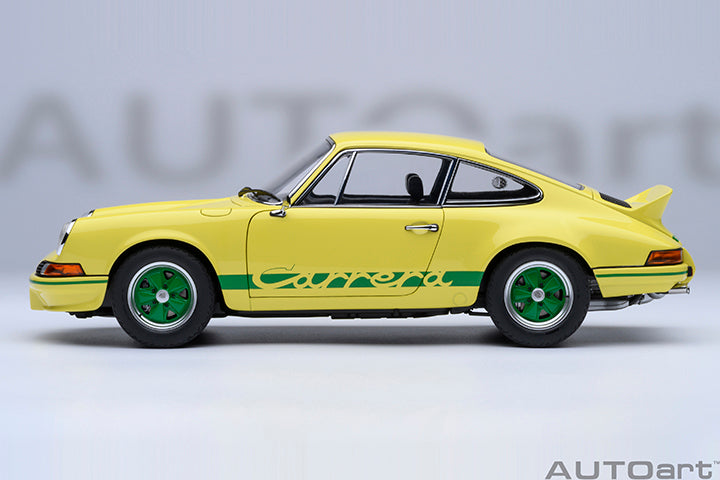 STM Diecast AUTOart Porsche 911 Carrera 2.7 RS Light Yellow w/ Green Deco and Wheels 1:18 - View 3