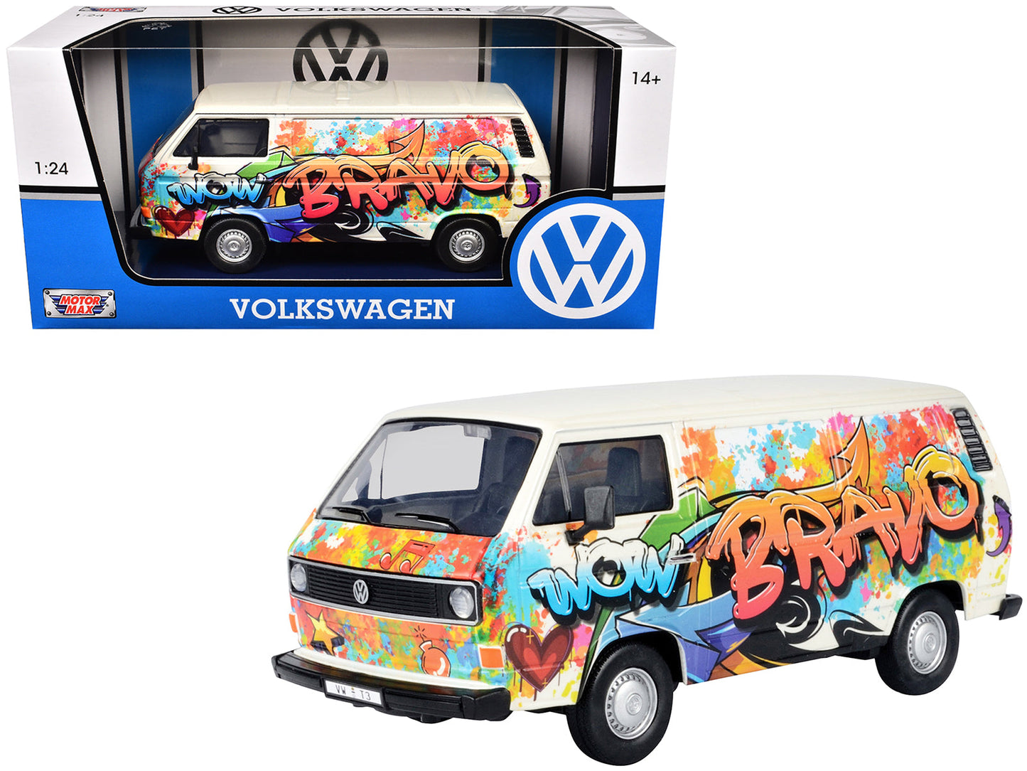 Volkswagen Type 2 (T3) Van White Metallic with Graffiti Graphics 1/24 Diecast Model Car by Motormax  free shipping USA