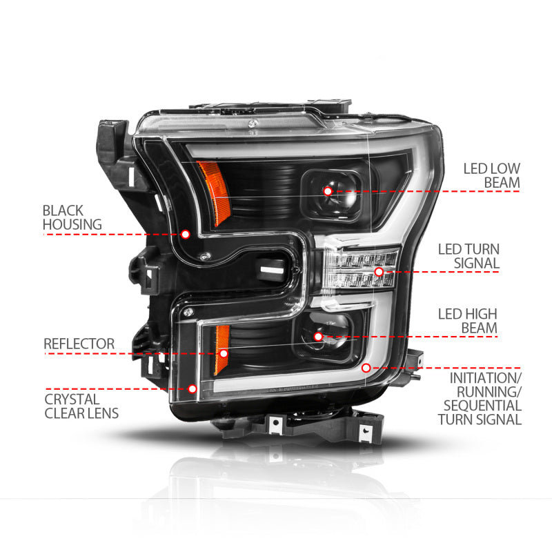 ANZO 15-17 Ford F-150 (Factory Halogen Model ONLY) Full LED Proj Headlights  Init/SeqSig Black- Pair 111630A