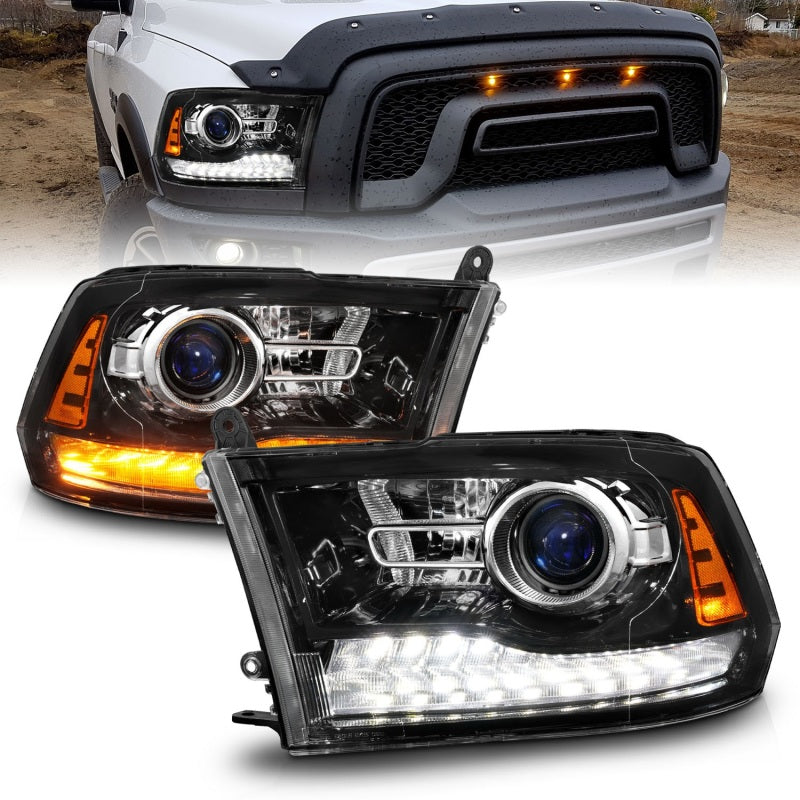 ANZO 09-18 Dodge 1500-3500 LED Plank Style Headlights w/Switchback+Sequential Hyper Black (OE Style) 111608