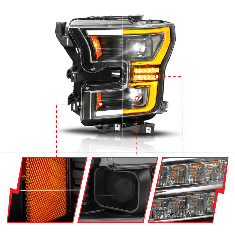 ANZO 15-17 Ford F-150 (Factory Halogen Model ONLY) Full LED Proj Headlights  Init/SeqSig Black- Pair 111630A