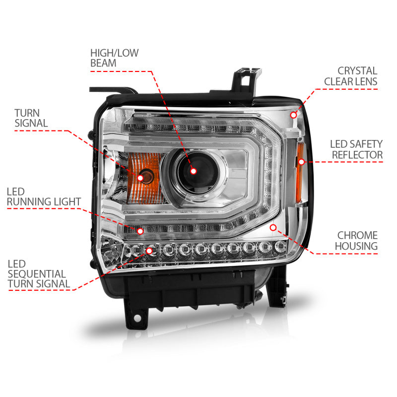 FR SPORT ANZO 2014-2015 Gmc Sierra 1500 Projector Headlights w/ Light Bar Chrome Housing (Halogen...