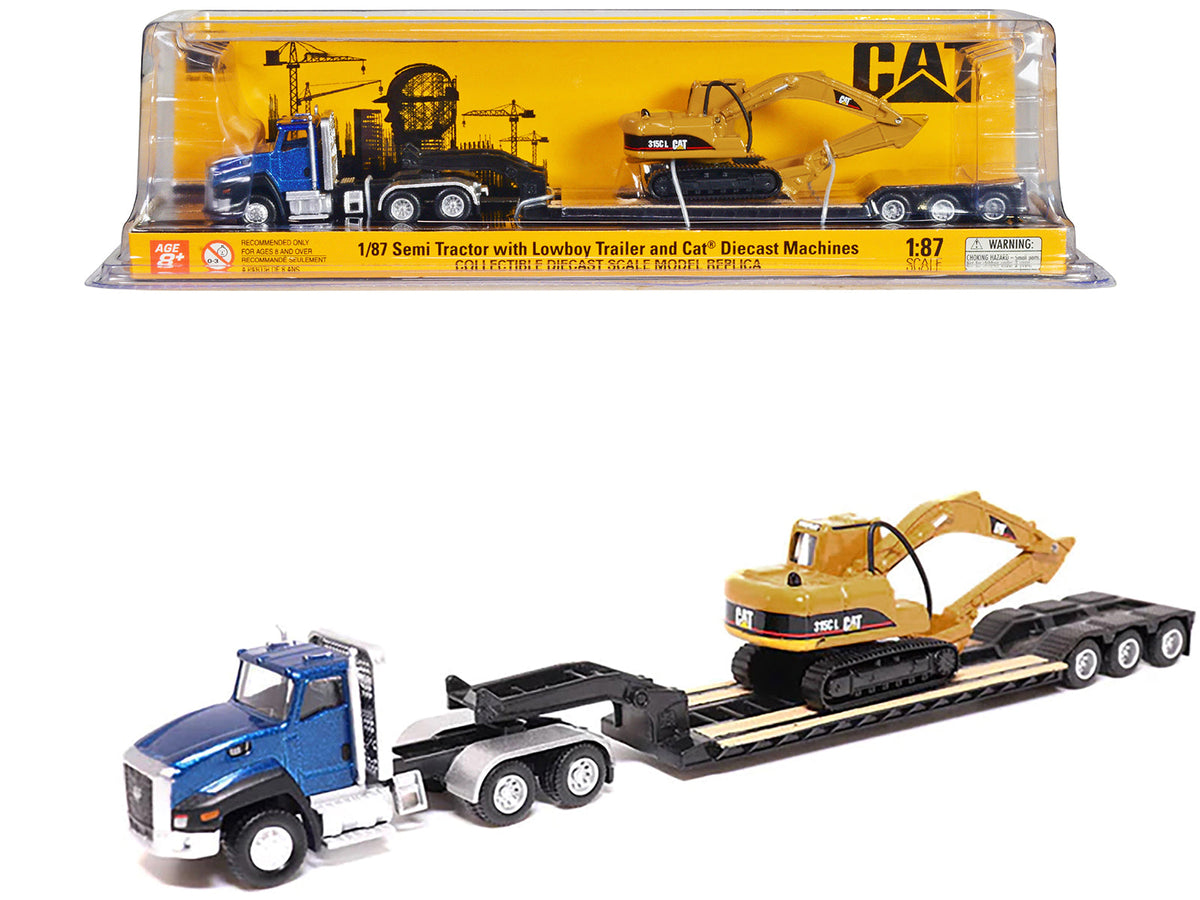 Rapid Vehicles CAT Caterpillar CT660 Day Cab Tractor Blue Metallic with Lowboy Trailer and CAT...
