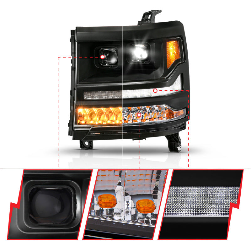ANZO 16-18 Chevy Silverado 1500 (Factory HID Models ONLY) Full LED Proj Headlights Black - Pair 111622A