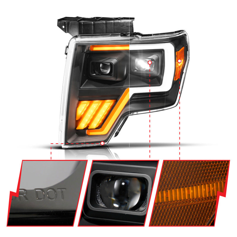 ANZO 09-14 Ford F-150 (Factory Halogen Model ONLY) Full LED Proj Headlights Init/SeqSig Black - Pair 111629A