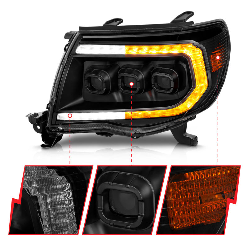 ANZO 05-11 Toyota Tacoma Full LED Proj Headlights White DRL/Init/SeqSig Black - Pair 111640A