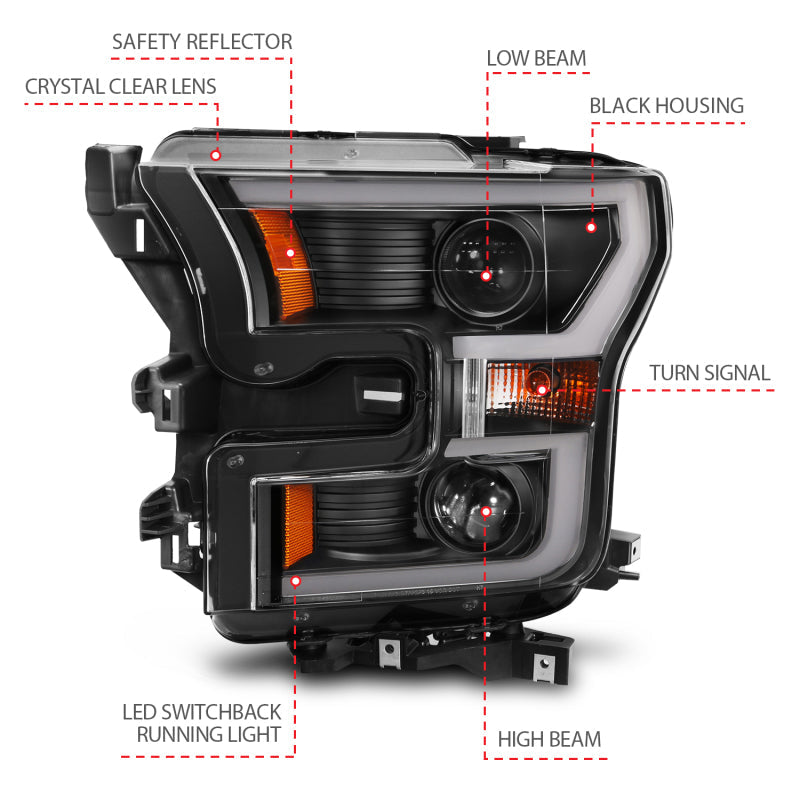 FR SPORT Anzo 2015-2016 Ford F-150 Projector Headlights w/ Plank Style Switchback Bl - View 7