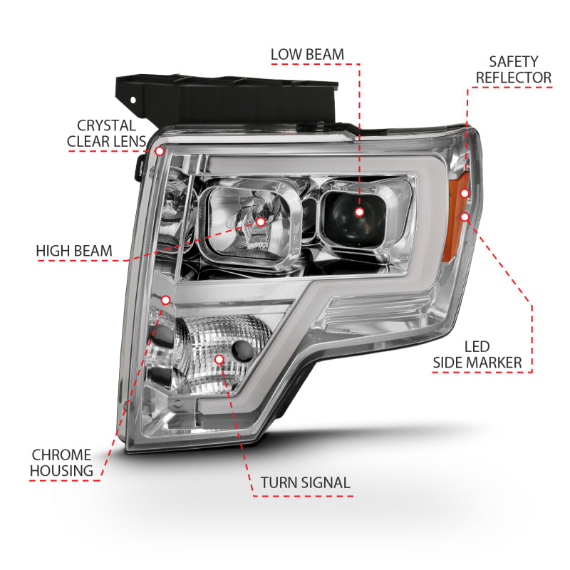ANZO 2009-2014 Ford F-150 Projector Headlight Plank Style Chrome Amber 111444