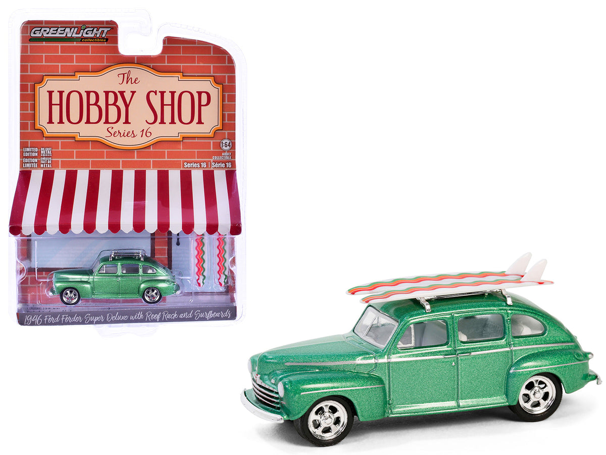 Rapid Vehicles 1946 Ford Fordor Super Deluxe Green Metallic with White Interior and Roof Rack...