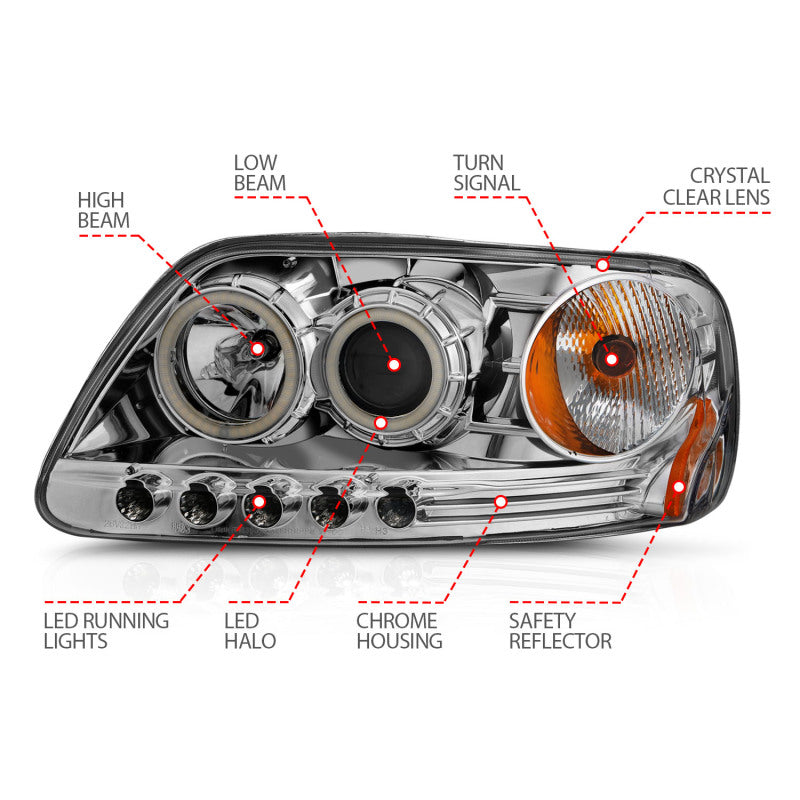 FR SPORT Anzo 1997.5-2003 Ford F-150 Projector Headlights w/ Halo Chrome 1pc - View 8