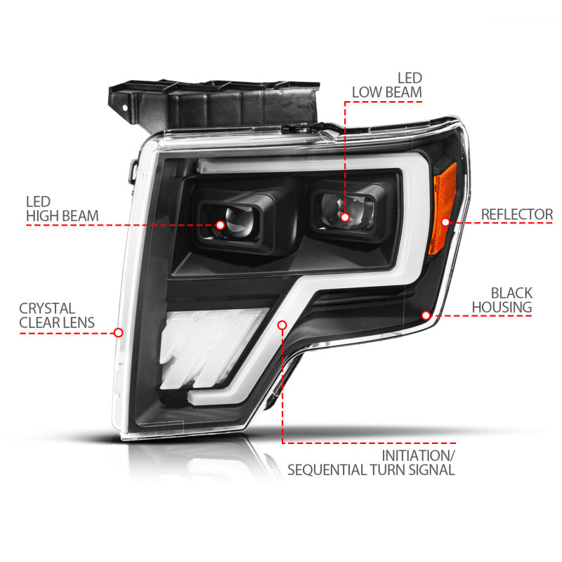 ANZO 09-14 Ford F-150 (Factory Halogen Model ONLY) Full LED Proj Headlights Init/SeqSig Black - Pair 111629A