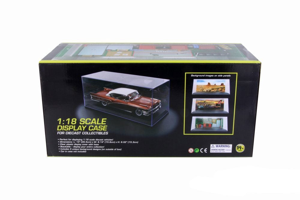 Showcasts Acrylic Display Case (w/ 3 Background Designs) with Black Plastic Base 1:18