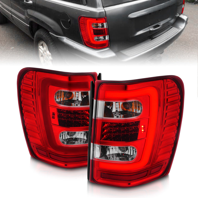 FR SPORT ANZO 1999-2004 Jeep Grand Cherokee LED Tail Lights w/ Light Bar Chrome Housing Red/Clear...