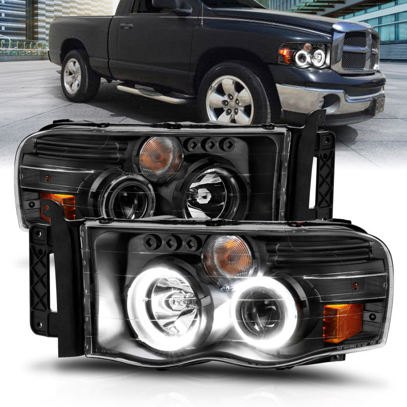 FR SPORT ANZO 2002-2005 Dodge Ram 1500 Projector Headlights w/ Halo Black Clear Amber 111490 -...