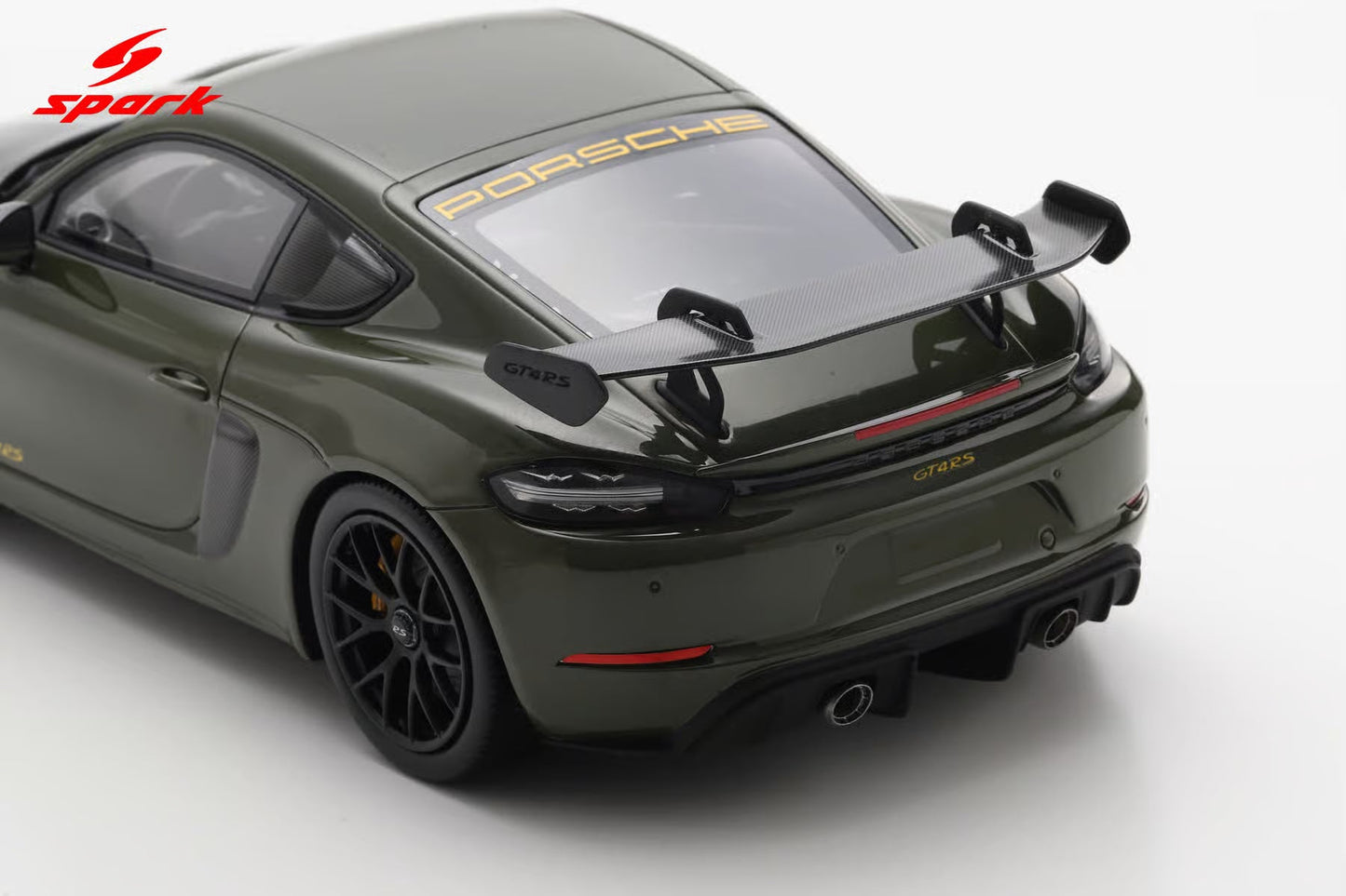 Spark-Model 2023 Porsche 718 Cayman GT4 RS w/ Weissach Package Nato Olive Green 1:18 WITH DISPLAY