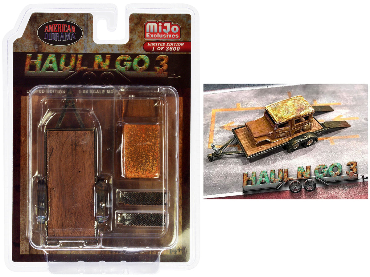 Rapid Vehicles "Haul N Go 3" 4 piece Diecast Model Set (1 Flatbed Trailer 1 Abandoned Car 2...