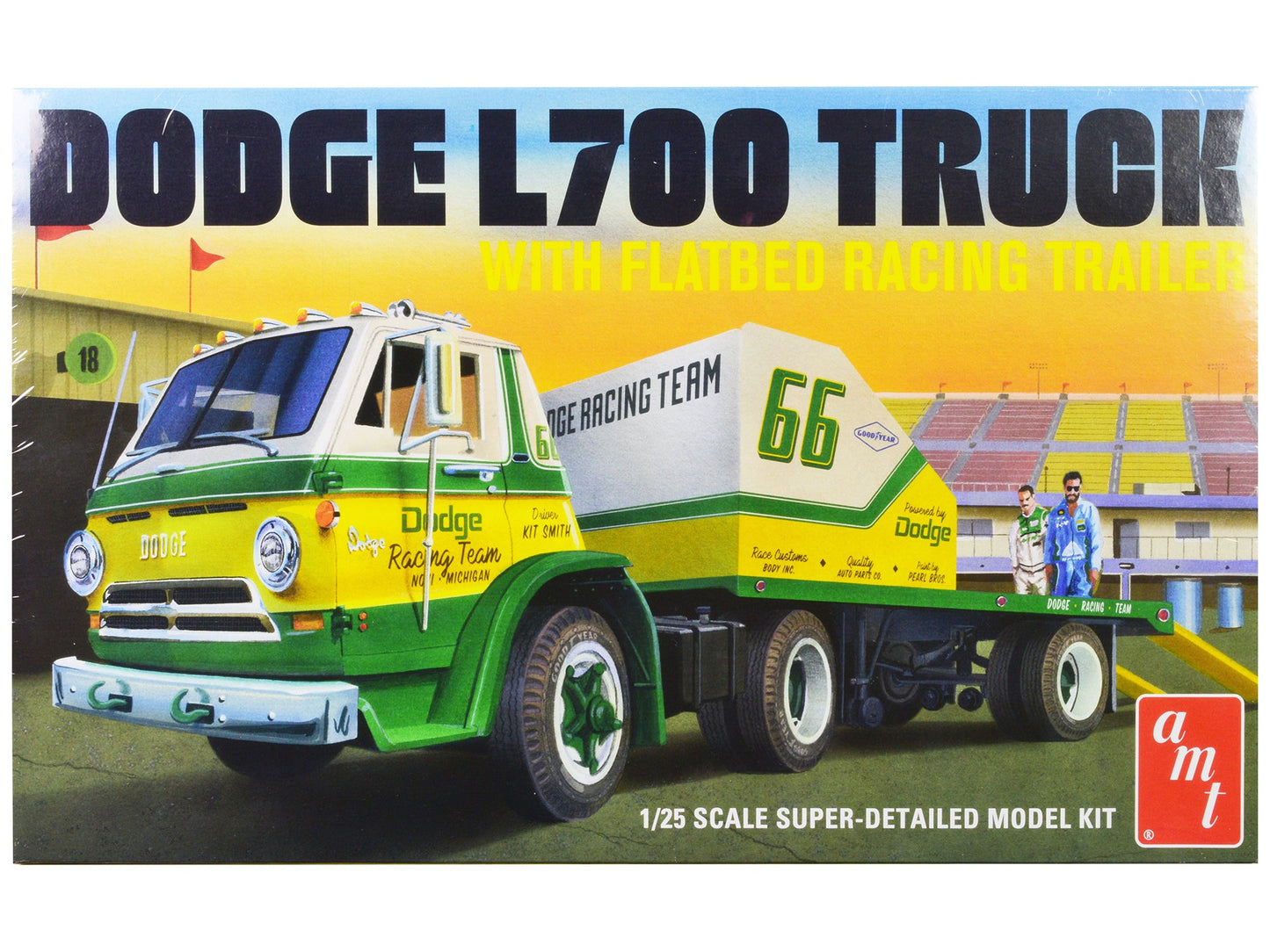 Skill 3 Model Kit 1966 Dodge L700 Truck with Flatbed Racing Trailer 1/25 Scale Model by AMT  free shipping USA