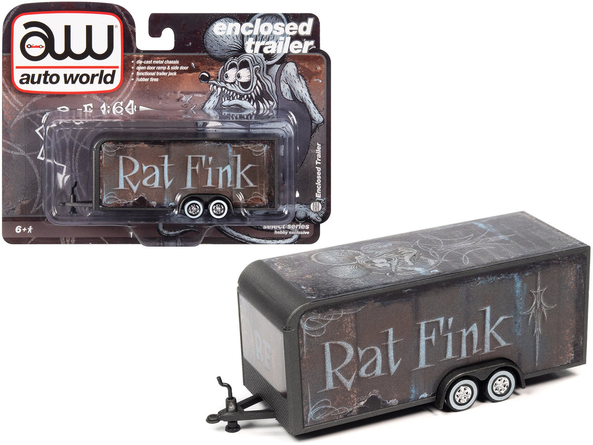 Rapid Vehicles 4-Wheel Enclosed Car Trailer Dark Gray with Graphics "Rat Fink" 1/64 Diecast Model...