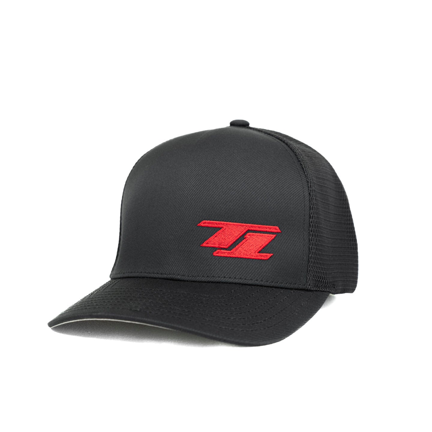 T1 Embroidered Logo Flexfit Unipanel Trucker Hat – Black