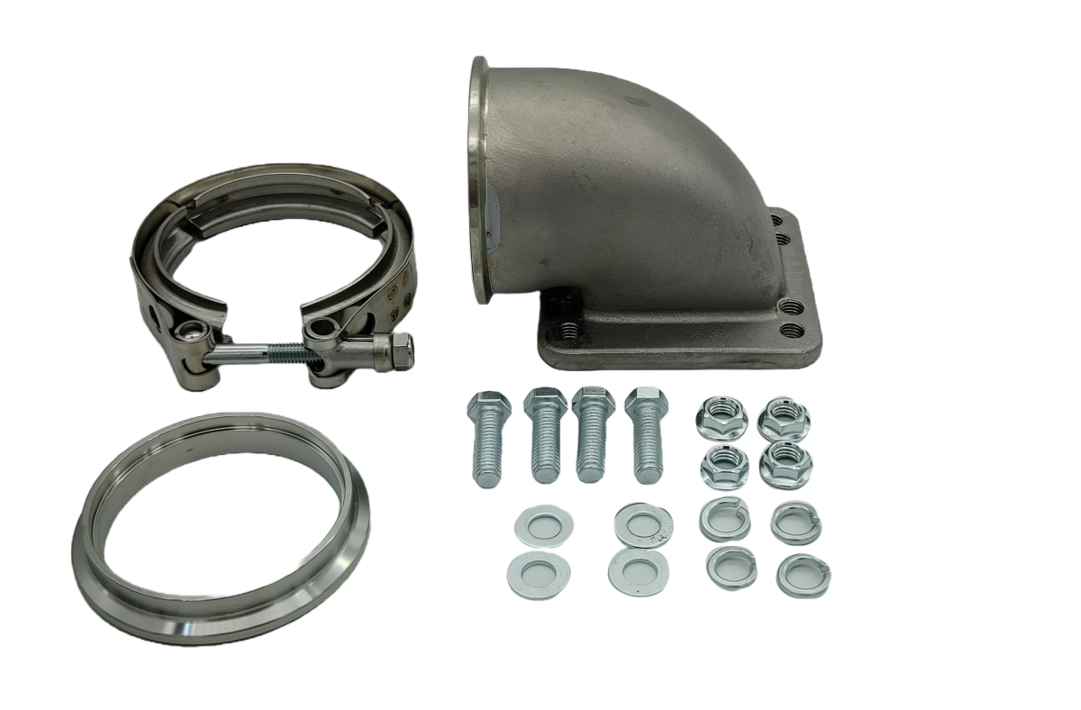 Granatelli Turbo Adapter, 90° Cast Elbow. 3.0" V-Band to T3/T4 Housing, Threaded