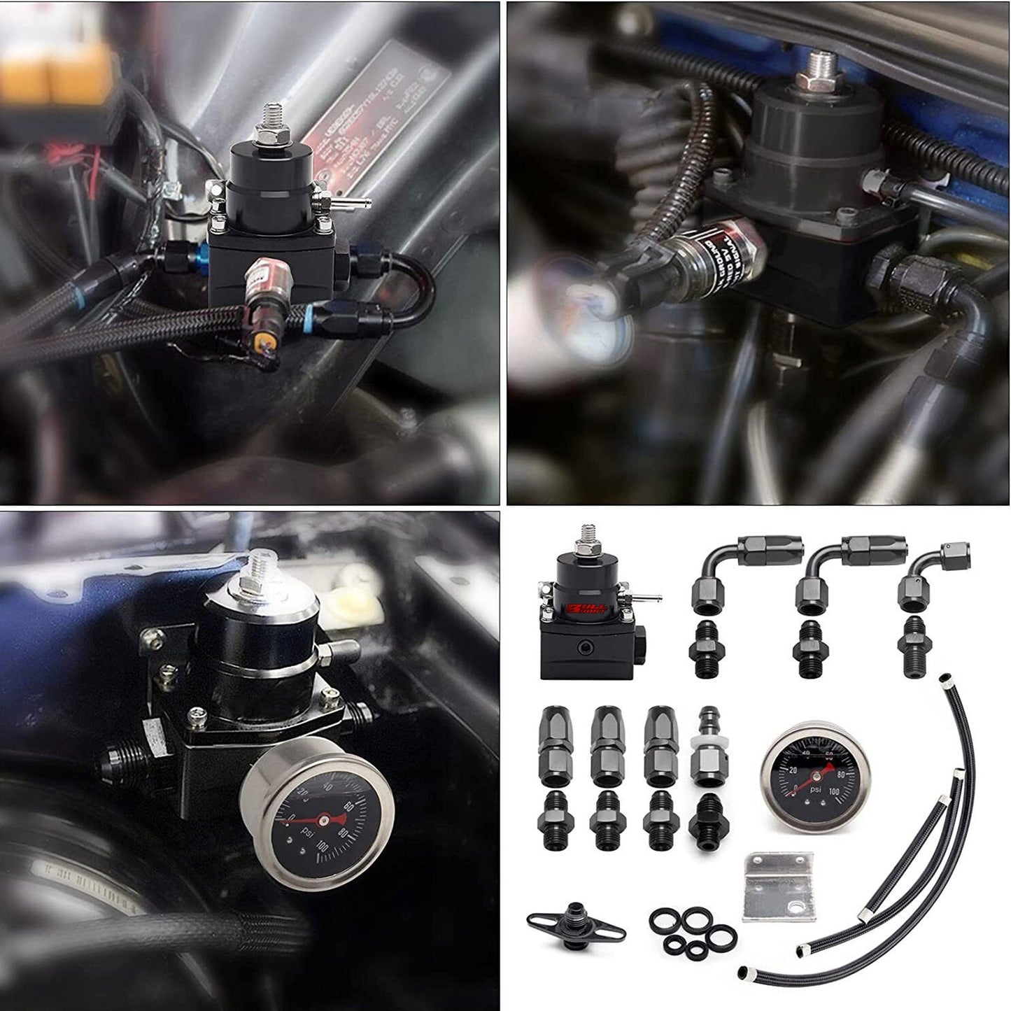 Racing Adjustable Fuel Pressure Regulator Kit W- 100PSI Oil Gauge AN-6 Hoses