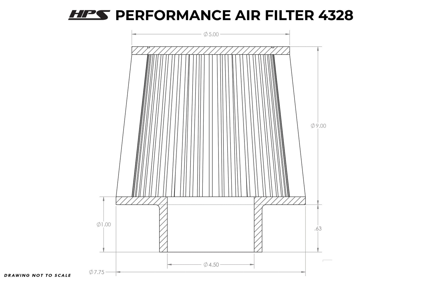 HPS Performance 4.5" Air Filter, 9.5" Length, 7.75" Base, 5" Top HPS-4328