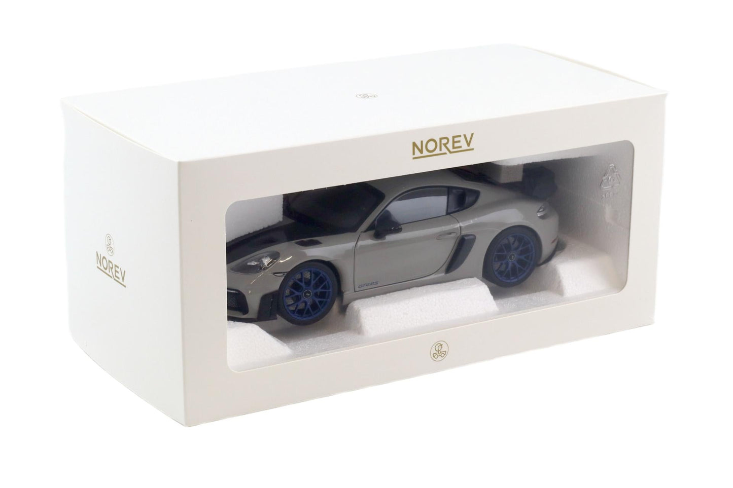 Norev 2023 Porsche 718 Cayman GT4 RS w/ Weissach Package Chalk w/ Blue Wheels 1:18