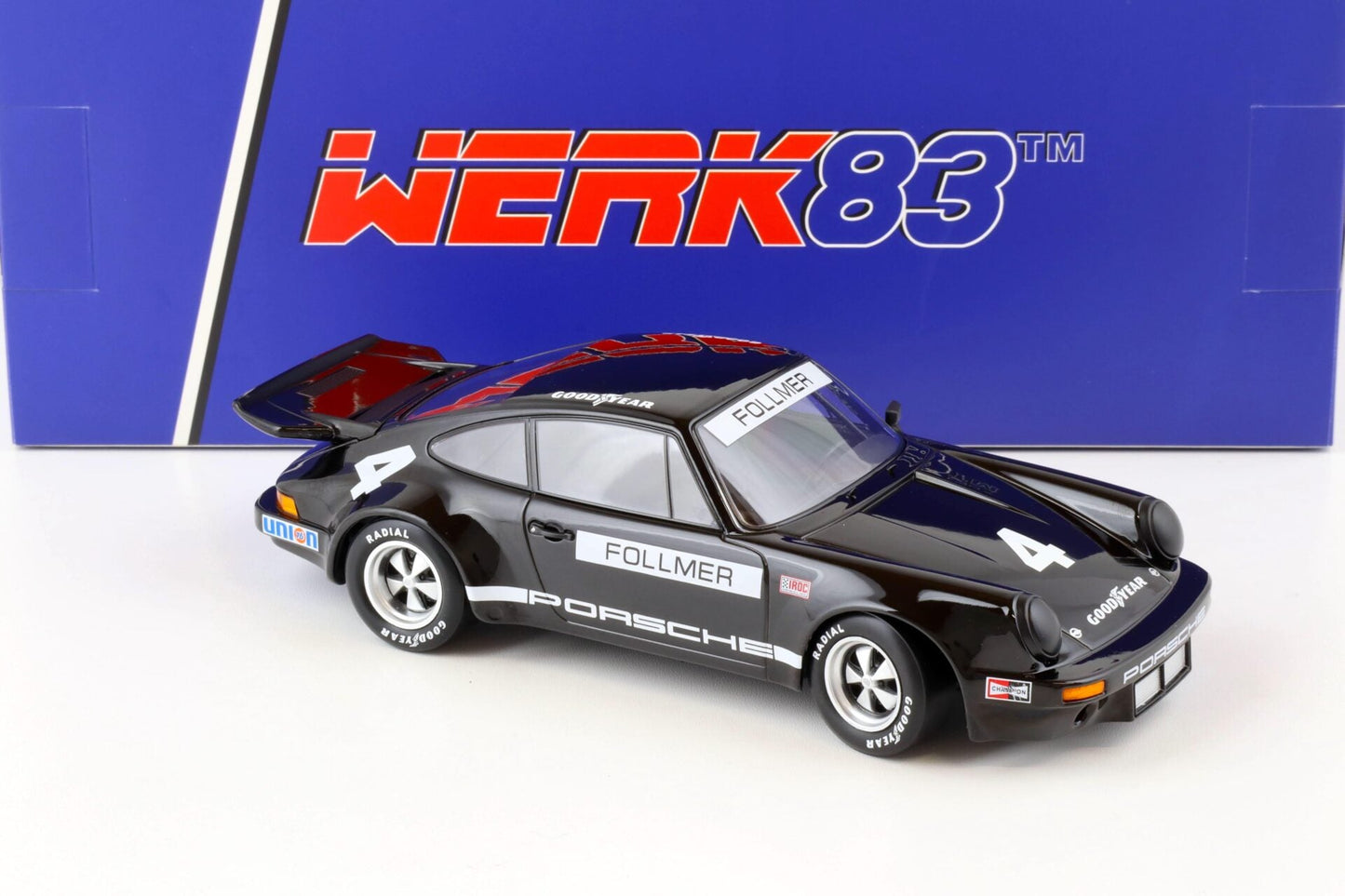 Werk83 1973 Porsche 911 3.0 RSR IROC Riverside #4 Follmer Black 1:18