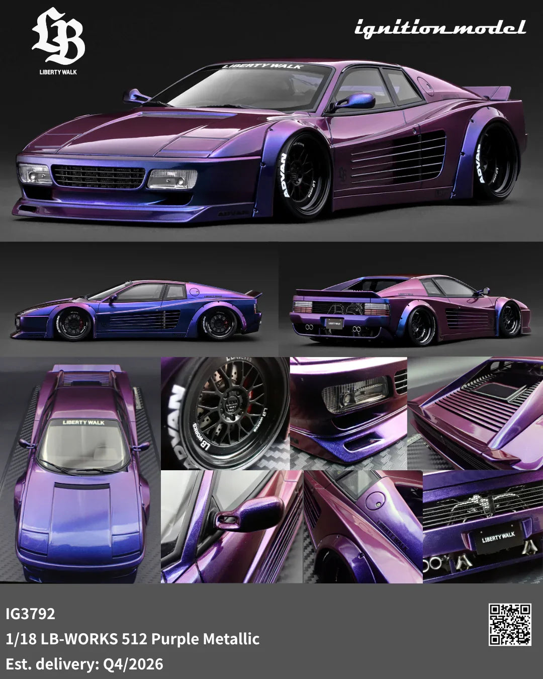 Ignition-Model Ferrari Testarossa 512 LBWK LB-Works Purple Metallic 1:18