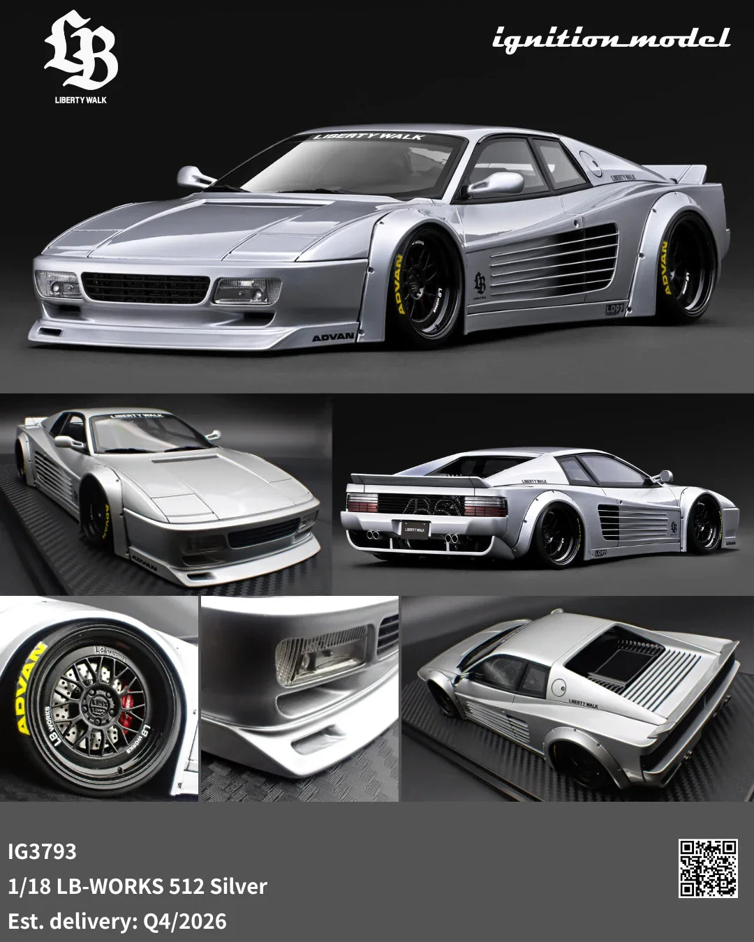 Ignition-Model Ferrari Testarossa 512 LBWK LB-Works Silver 1:18