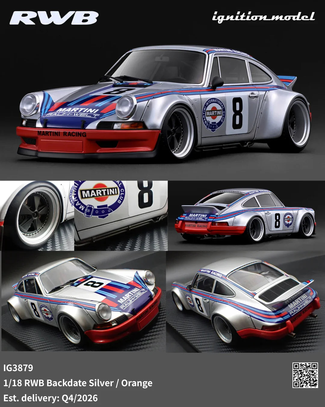 Ignition-Model Porsche 911 F Series Backdate #8 RWB Martini Racing Silver 1:18