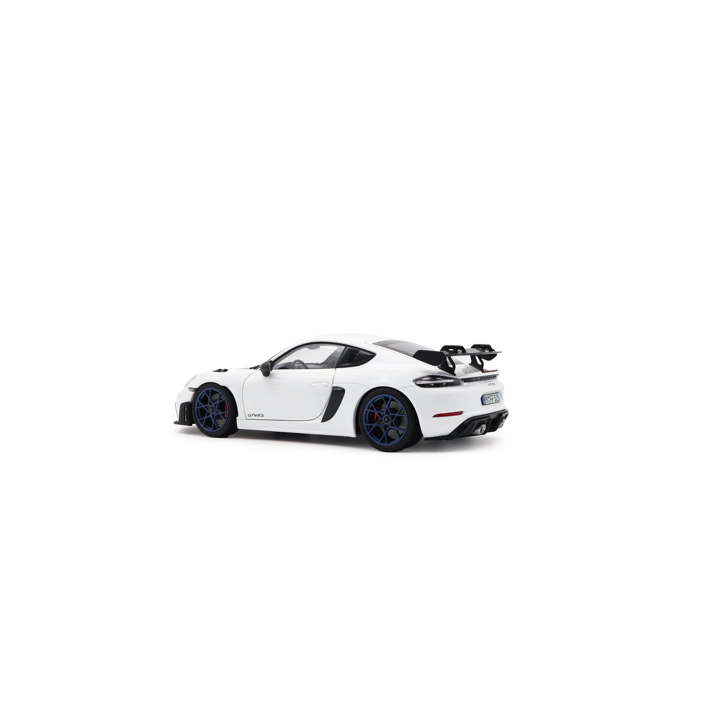 Norev 2023 Porsche 718 Cayman GT4 RS w/ Weissach Package White w/ Blue Wheels 1:18