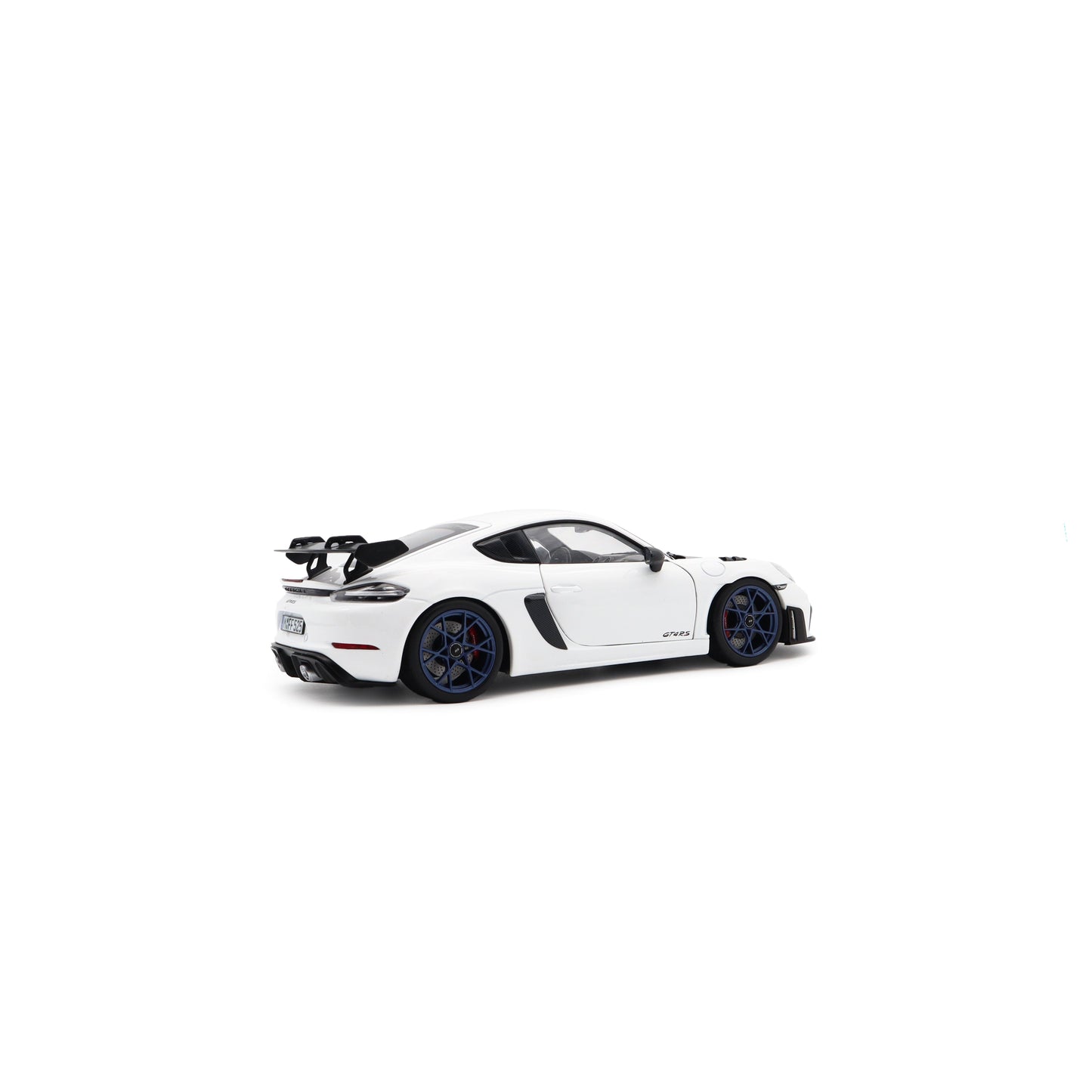 Norev 2023 Porsche 718 Cayman GT4 RS w/ Weissach Package White w/ Blue Wheels 1:18