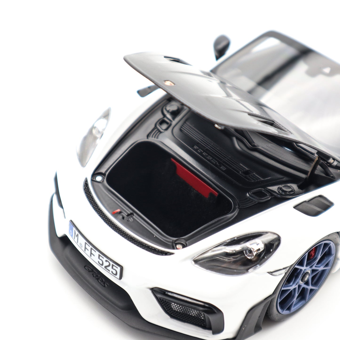 Norev 2023 Porsche 718 Cayman GT4 RS w/ Weissach Package White w/ Blue Wheels 1:18