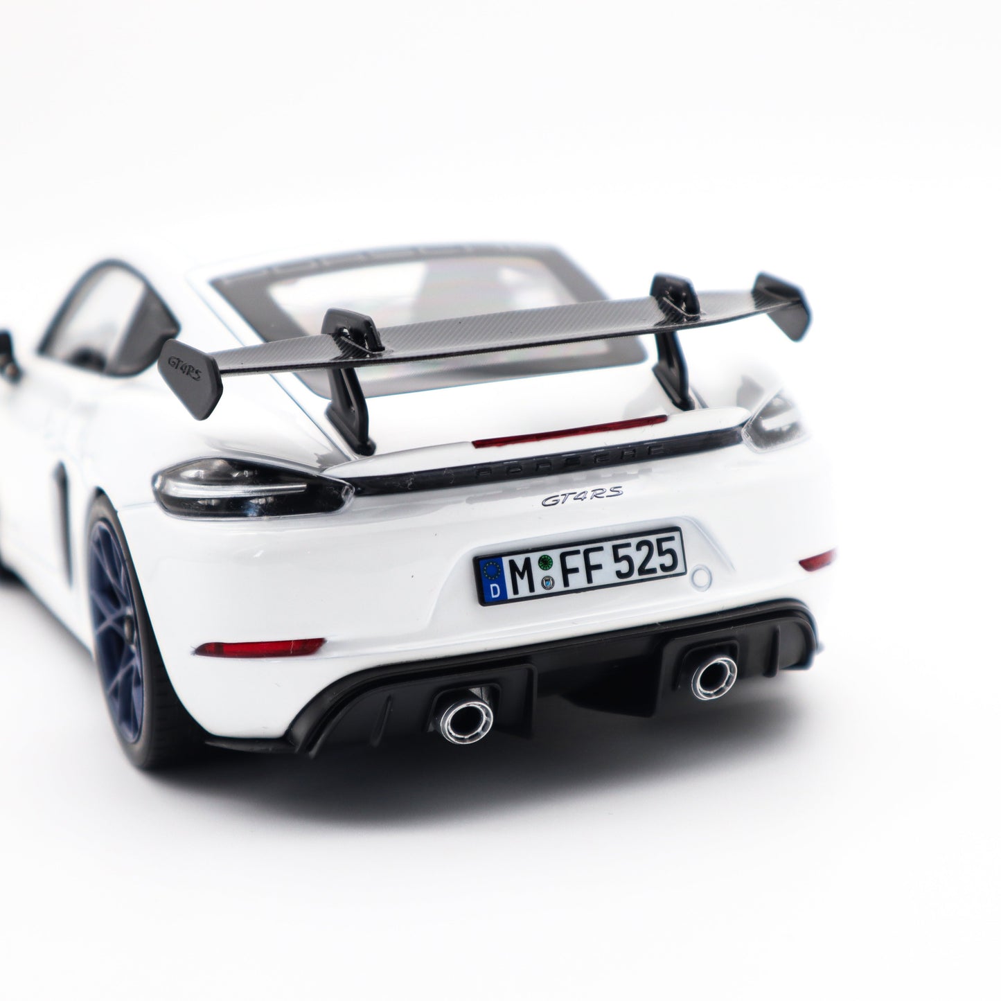 Norev 2023 Porsche 718 Cayman GT4 RS w/ Weissach Package White w/ Blue Wheels 1:18