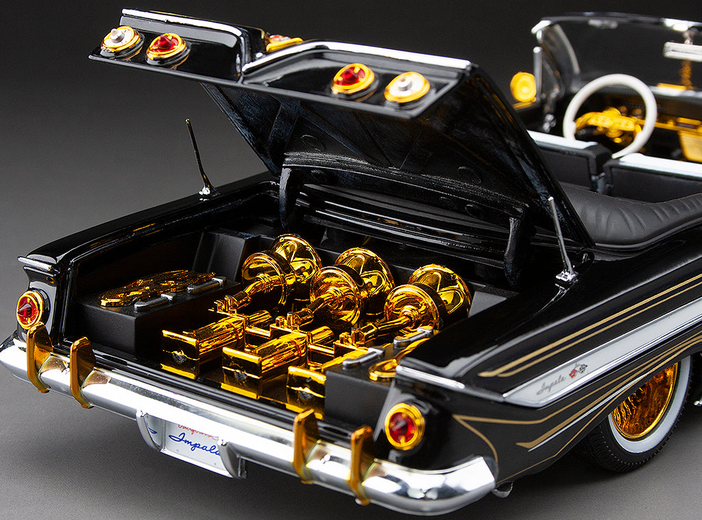 Sun-Star 1961 Chevy Impala Open Convertible Lowrider w Movable Suspension Black w/ Gold Wheels 1:18
