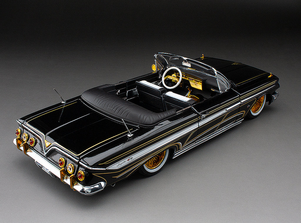 Sun-Star 1961 Chevy Impala Open Convertible Lowrider w Movable Suspension Black w/ Gold Wheels 1:18