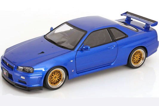 STM Diecast KK Scale 2001 Nissan Skyline GT-R R34 V-Spec II w/ Gold BBS Bayside Blue 1:12